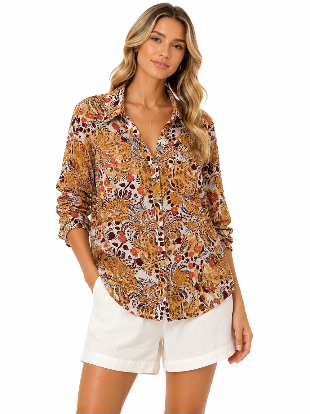 Pilcro Multicolor Floral Button-Down Shirt - Mustard, Brown, Rust